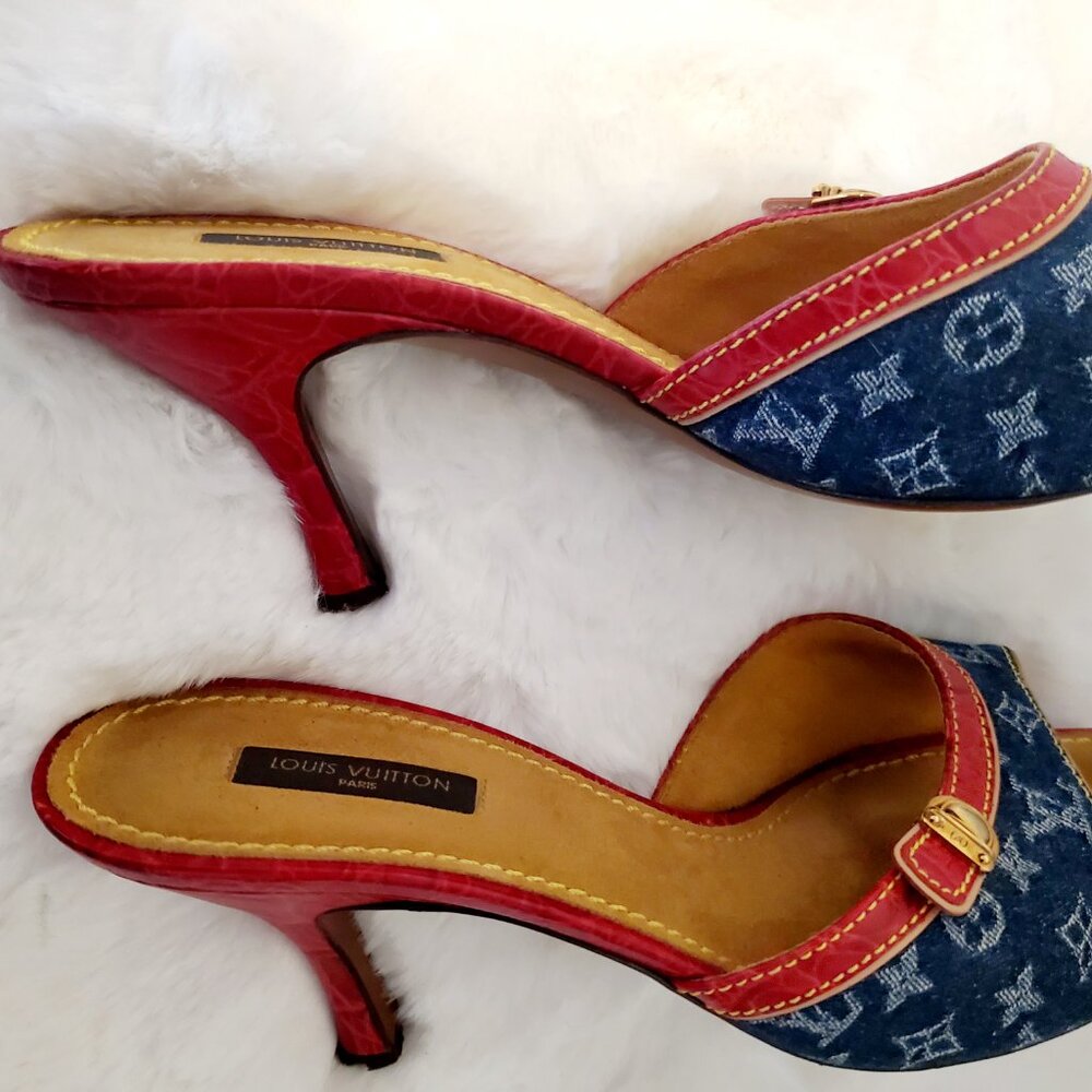 Louis Vuitton Monogram Denim Slide Sandals Red Leather Y2K LV Mule Luxury Size 9 - Picture 4 of 16